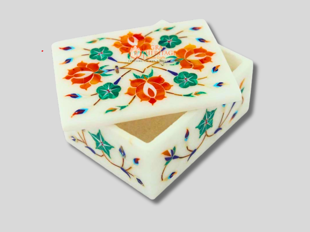 Marble Costume Jewelry Box Floral Interior